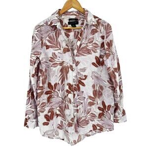 Tahari Linen Button Front Shirt Top Brown Purple Tropical Floral Roll Tab Sz‎ M
